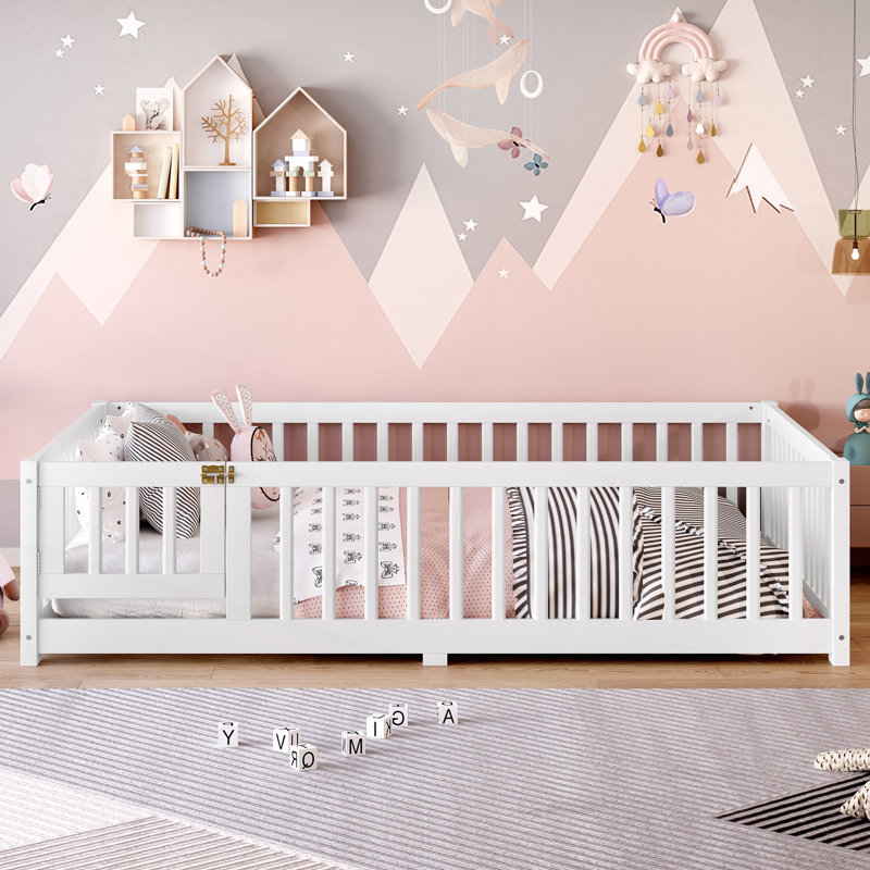 Lit double avec barrière de sécurité et porte pour enfants, blanc, Full / Double, White