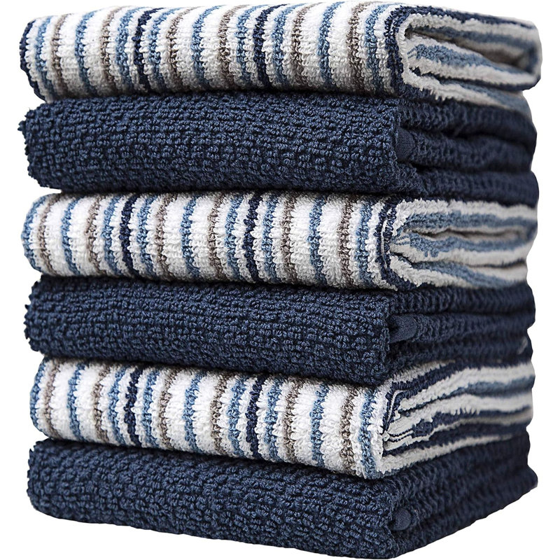 Premium Kitchen Towels (16”X 26”, 6 Pack) | Large Cotton Kitchen Hand Towels | Popcorn Striped Design | Dish Towels | 430 GSM Highly Absorbent Tea Towels Set With Hanging Loop