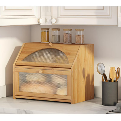 Boîte à pain, boîte à pain en bois de bambou pour comptoir de cuisine, bac de rangement de pain à double couche, verre acrylique avec motifs de losanges