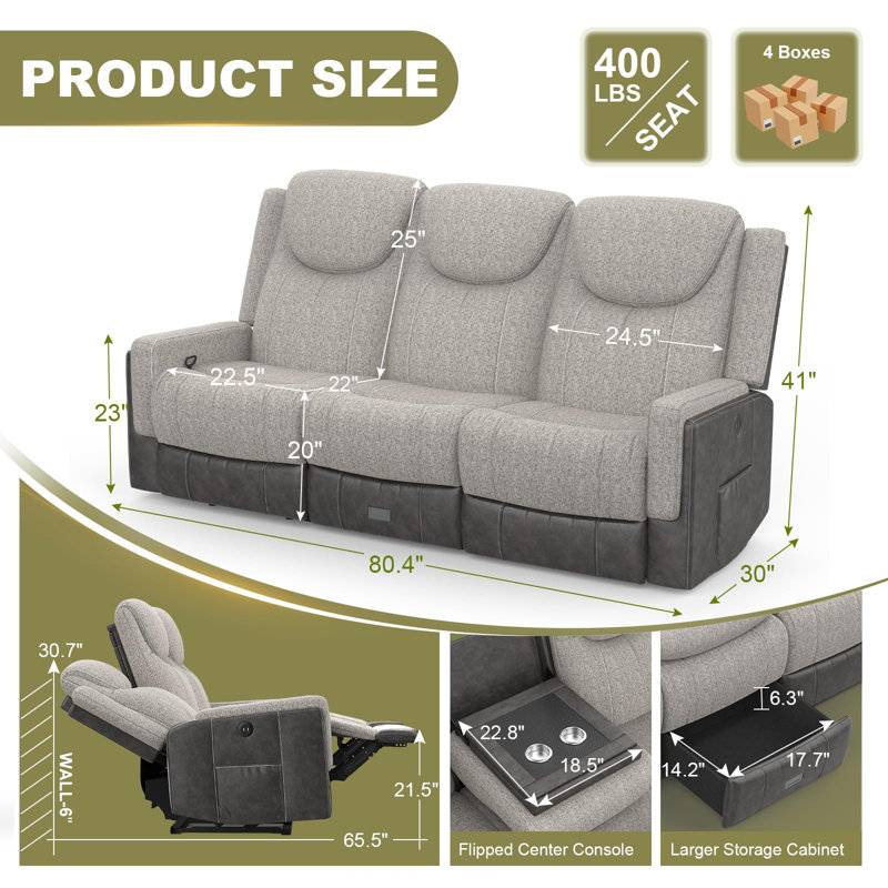 Canapé inclinable 2 en 1 à dossier rabattable à dossier central Flip, canapé inclinable avec grand tiroir de rangement, ports USB et porte-gobelets