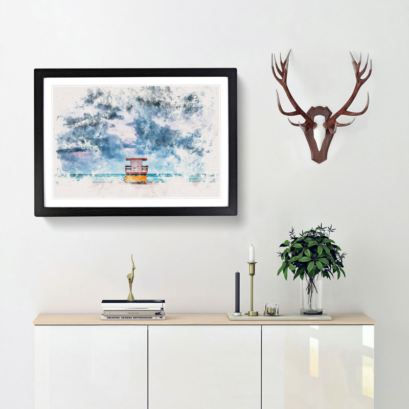 Lifeguard Hut on Miami Beach Florida - Picture Frame Painting Print, Black Framed, 62cm H x 87cm W x 2cm D