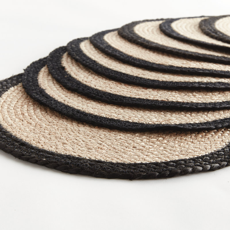 Napperon rond en jute, ensemble de 8, Noir / brun clair