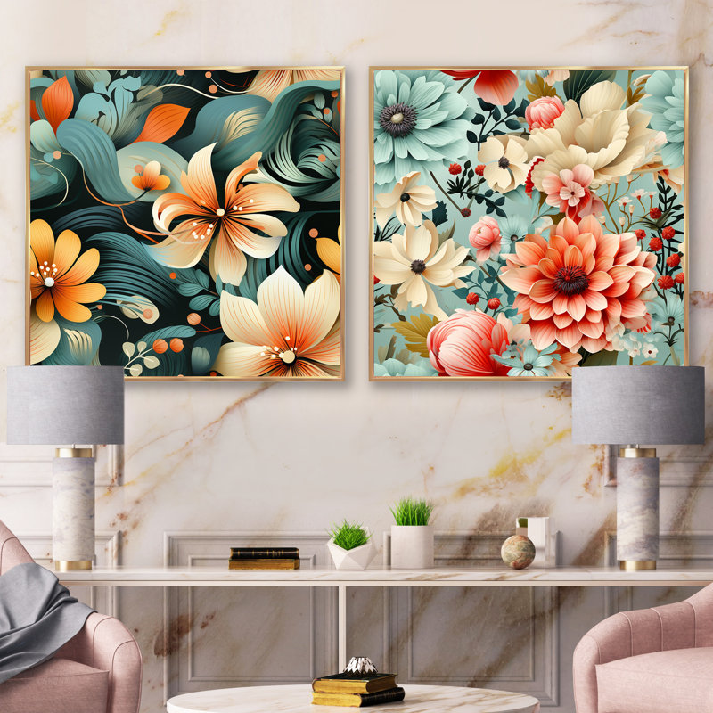 Maelia - Ensemble de 2 collages carrés floraux, Cadre flottant doré, H 30 po x l 61 po