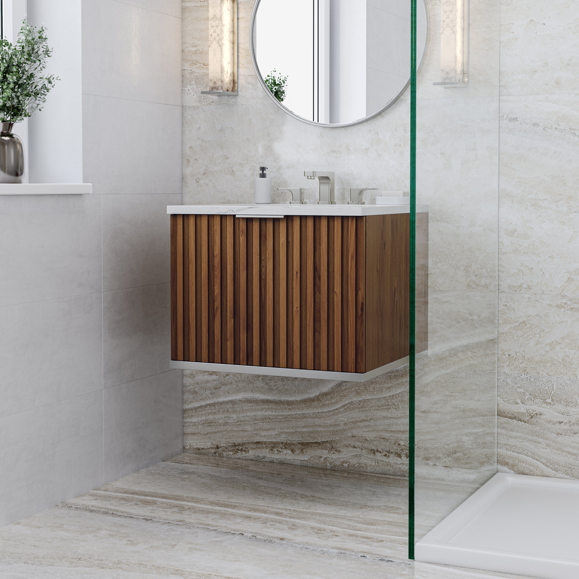 Terra 24'' Single Bathroom Vanity, Calacatta Quartz/Widespread Faucet Mount, Brushed Nickel