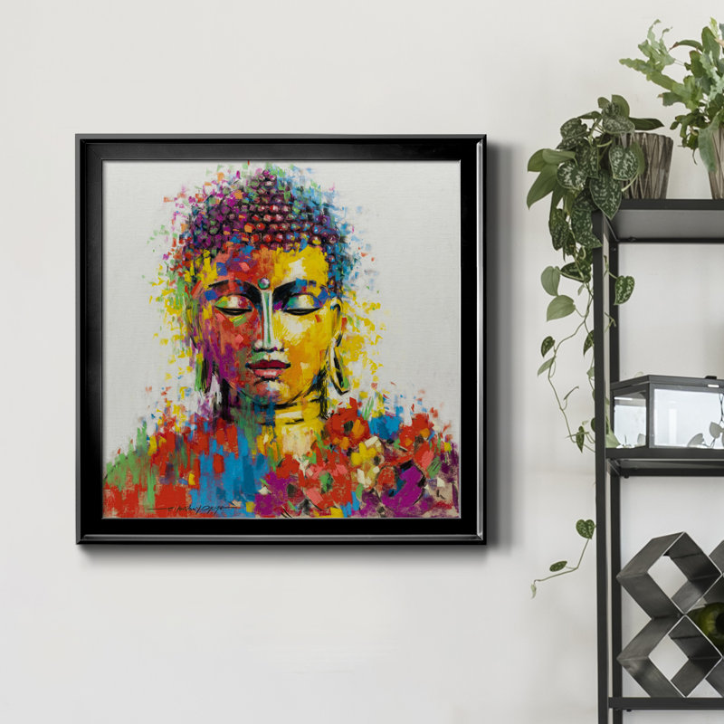 Bouddha - Peinture sur toile encadrée, Cadre noir, H 17,5 po x l 17,5 po x P 1,5 po