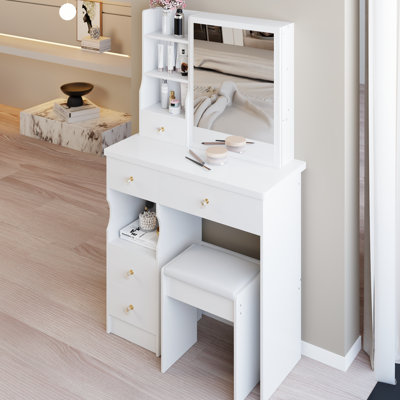 Table de coiffeuse blanche de 29,2 po avec tiroir gauche, miroir coulissant à droite, rangement multicouche et tabouret rembourré, convient aux petites chambres à coucher qui s'habillent de très grandes surfaces de conception américaine