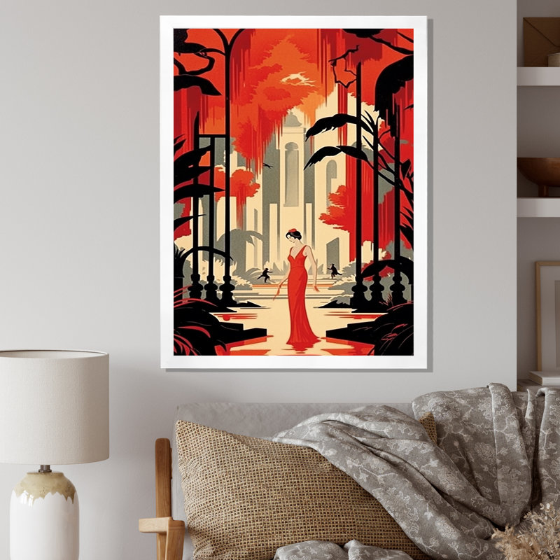 Art déco, dame en robe de soirée rouge - imprimé, Cadre simple blanc, H 20 po x l 12 po x P 1 po