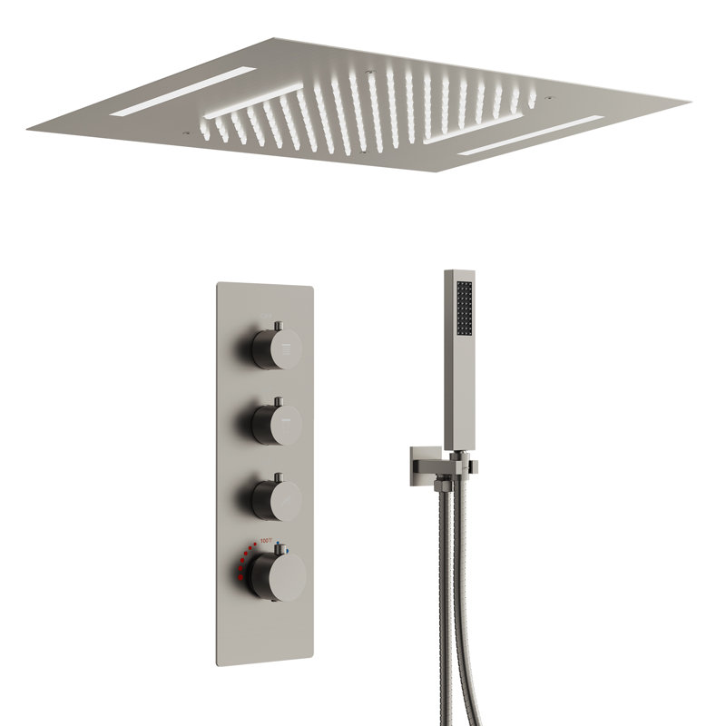 Thermostatic LED Rainfall Shower System, Ceiling Mounted Waterfall Showerhead with Handheld Spray, Brushed Nickel