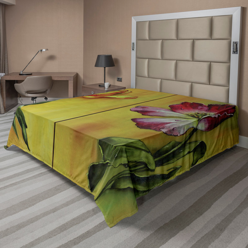 «Ambesonne», romantique, dessus, drap plat, rétro, peinture florale, rose, jaune, vert, Drap plat de taille très grand