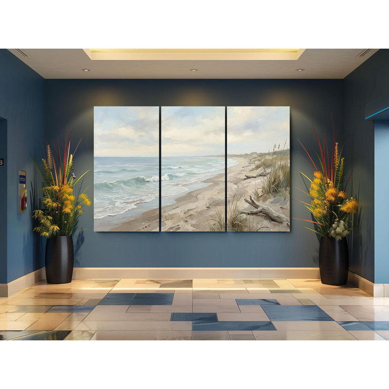 «Coastal Beach», reproduction d'art sur toile triptyque mettant en vedette des vagues de l'océan et du bois flottant, décor de bord de mer aux tons doux, décor de rivage 3 pièces, reproduction de peinture