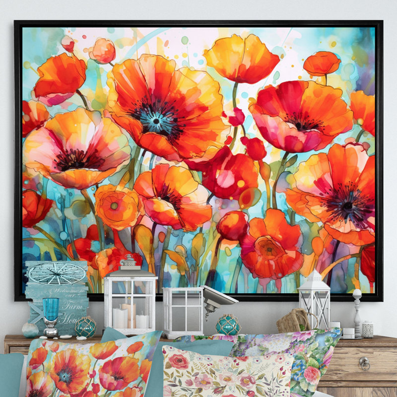 Brilliant Poppies V - Art mural floral, H 24 po x l 32 po x P 1 po, Cadre flottant noir