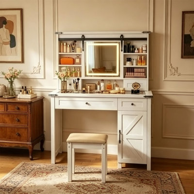 Vanity Table with LED Mirror and Stool