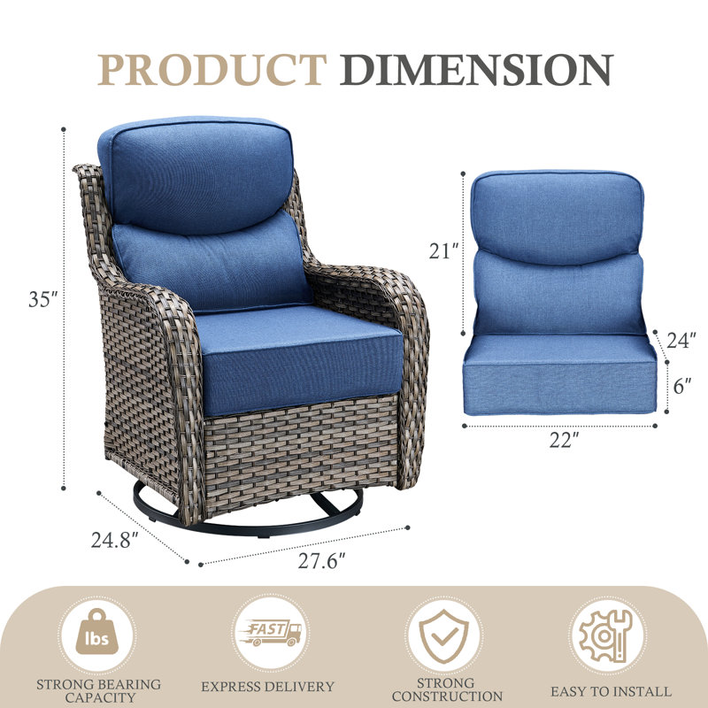 Chaises de patio pivotantes en osier pour l'extérieur avec coussins de 6 po Deb, Bleu, Gris