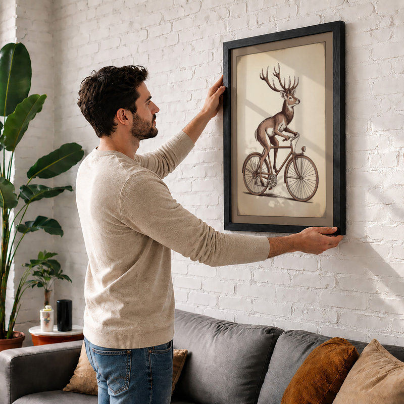 Deer On A Bicycle Vintage - Print, A2 - 59.4 x 42.0 cm, White