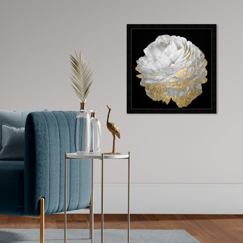 Or et fleurs légères - Peinture encadrée sur papier, H 22 po x l 22 po, Cadre noir