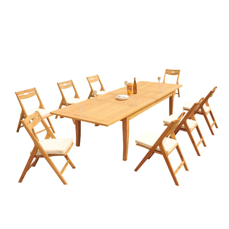 Natural Teak Rectangular Outdoor Dining Set with 8 Folding Chairs