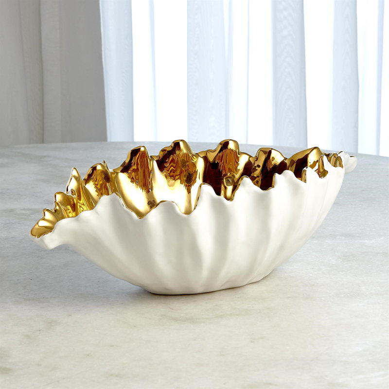 Organic Wave Oval Bowl-White-Lg, 5.75" H x 18.50" W x 10.50" D, White/Gold