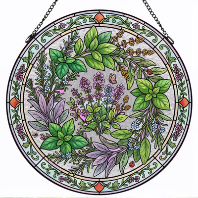Herbal Bouquet Stained Glass Window Panel，12"H