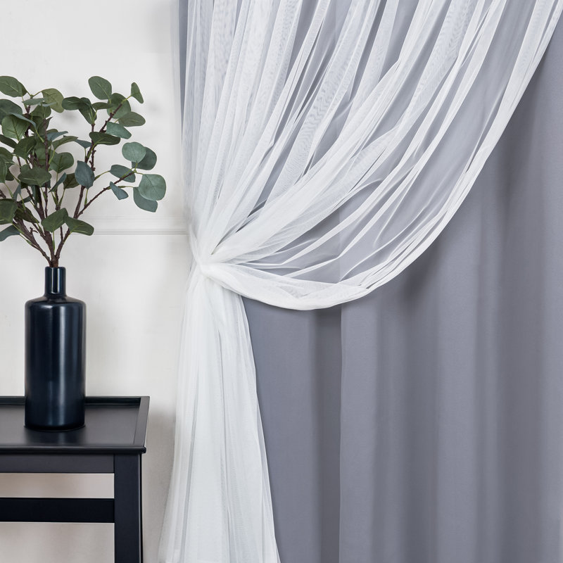 Fortuna Brockham Solid Tulle Overlay Room Darkening Grommet Curtain Panels, Gray, 52" W x 84" L