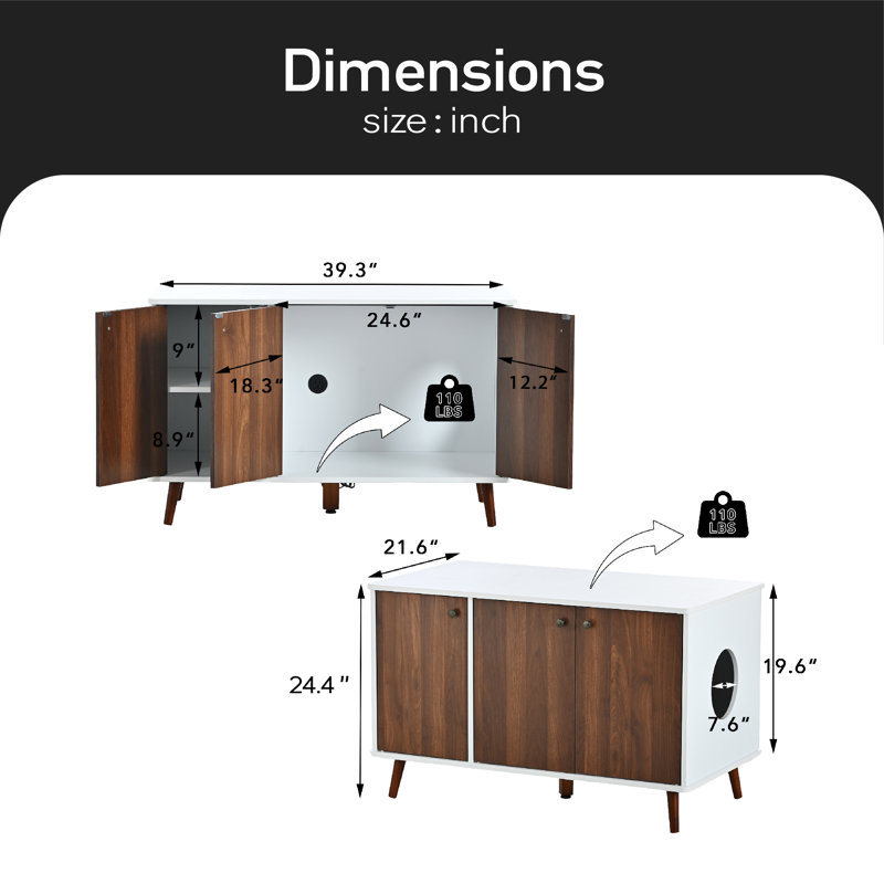 Table d'appoint pour chat avec 3 portes et salle de rangement pour chat, Blanc / Noyer