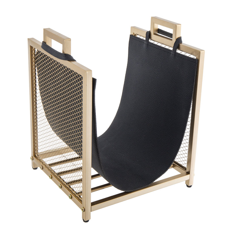 Decorative Gold Metal Log Rack with Black Leatherette 