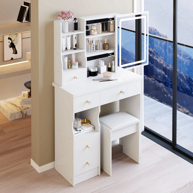 Petit meuble-lavabo de 29,2 po avec tabouret de bureau et tabouret rembourré à gauche 29,2 po, grande commande tactile, interrupteur tricolore, miroir à luminosité réglable, rangement à grande capacité, convient aux petits espaces