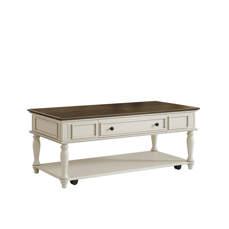 Table basse Farmhouse avec tiroir de rangement, roues verrouillables et pieds en bois massif - Table de salon rétro grise et blanche