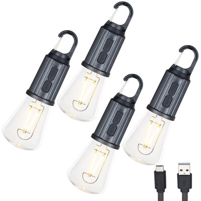 Ensemble de 2 ampoules de camping rechargeables Festive Living, ampoule conique à DEL blanc chaud, port de charge USB-C, globe incassable sur mousqueton, 3 niveaux de luminosité