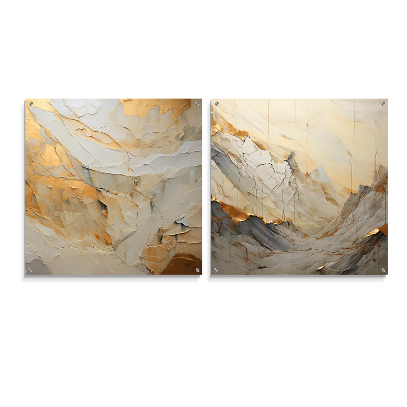 Beige et or, pierre de glacier Simplicity II - formes abstraites, ensemble d'acryliques sur verre, ensemble de 2