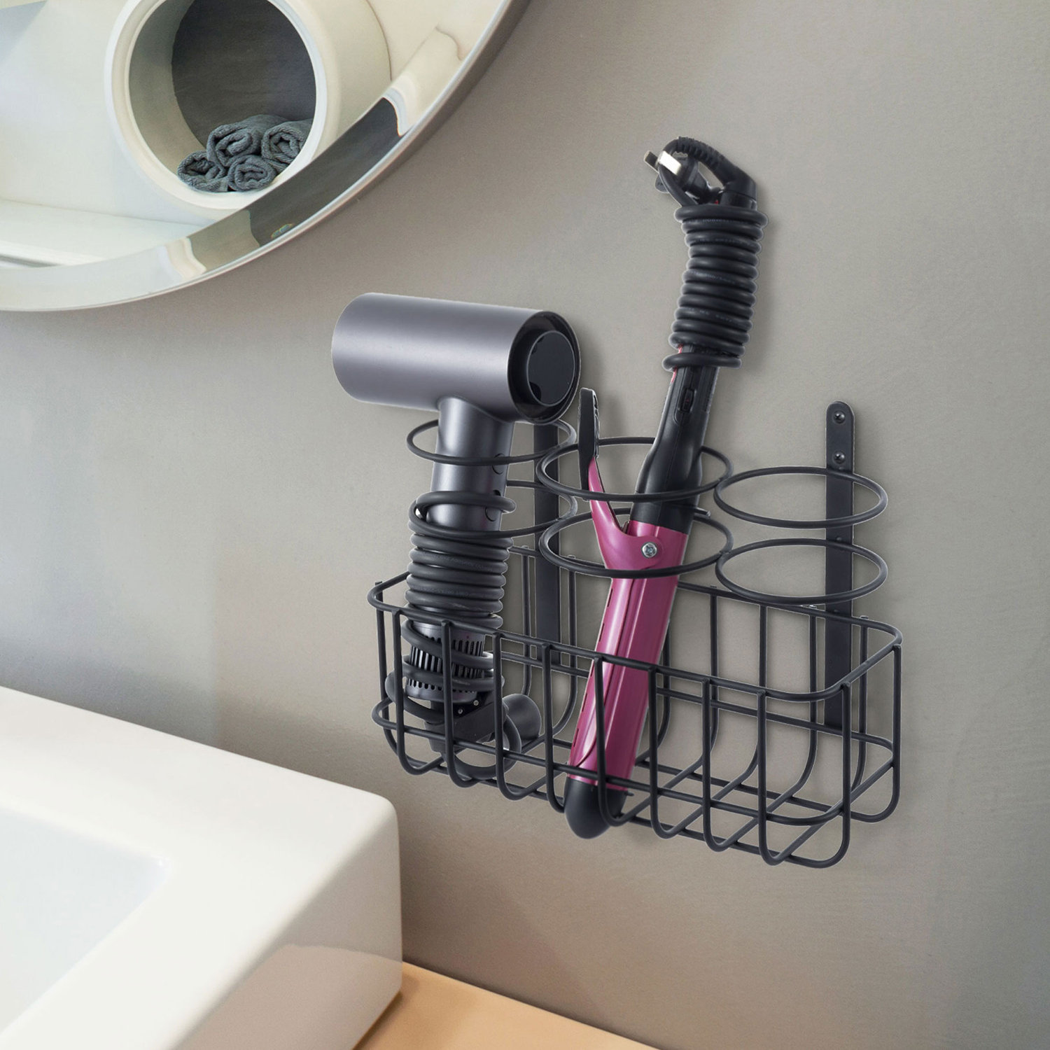 Hair Styling Adjustable Over Cabinet or Wall Mounted Black Metal Wire Rack  for Blow Dryer Straightener Curling Iron