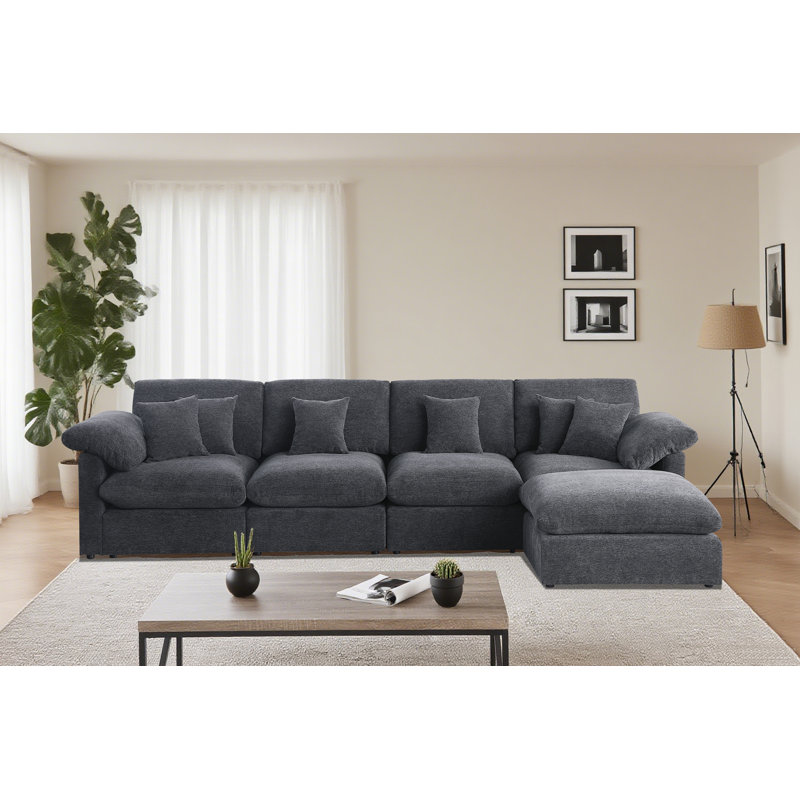 L-Shaped 153" Module Sectional Chenille Couch Cloud Dark Grey Sofa with Removable Ottoman, Dark Gray Chenille