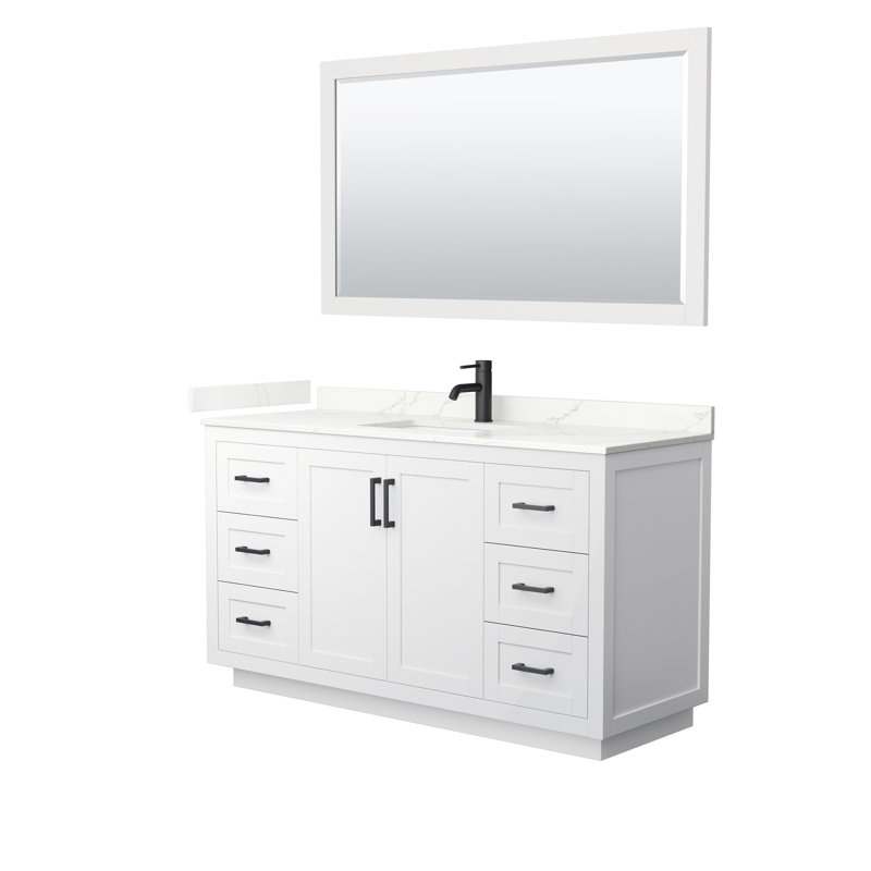 Ensemble de meuble-lavabo simple autoportant 60 po avec plateau en quartz Miranda, Giotto Quartz, Blanc, Noir mat