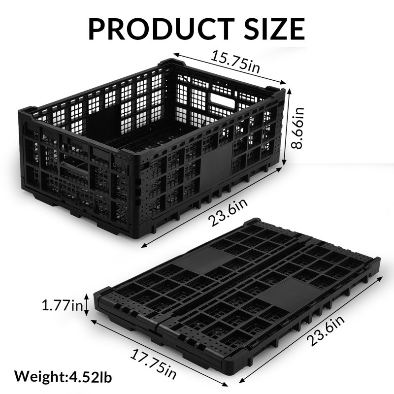 Bac de rangement pliable Containe, caisse à lait pliable de 52 litres, caisse de rangement en plastique robuste empilable avec poignée, rangements de transport pliables pour le rangement de jouets de bureau à domicile