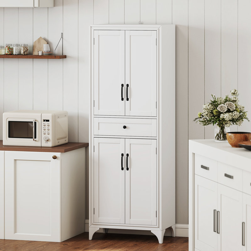 Garde-manger autoportant 67 po 67 po, armoire de rangement à 4 portes avec tiroir et tablettes réglables, blanc