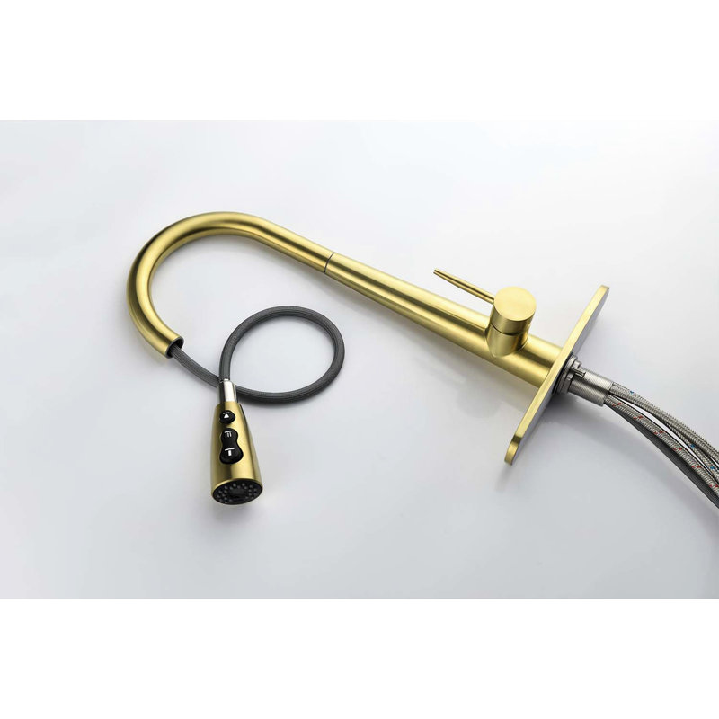 Brushed Gold, Stainless Steel, Single Handle, Kitchen Sink Faucet, Pull Down , 360 Rotating Nozzle, Three Water Output Forms, Easy Flow Regulation, - Corrosion Surface Treatment Stream/Spray/ Modes,