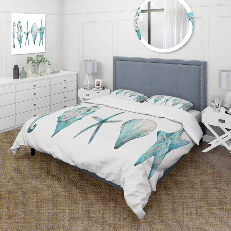 Blue Starfish And Shell - Ensemble de housse de couette nautique et côtier - Polyester en microfibre