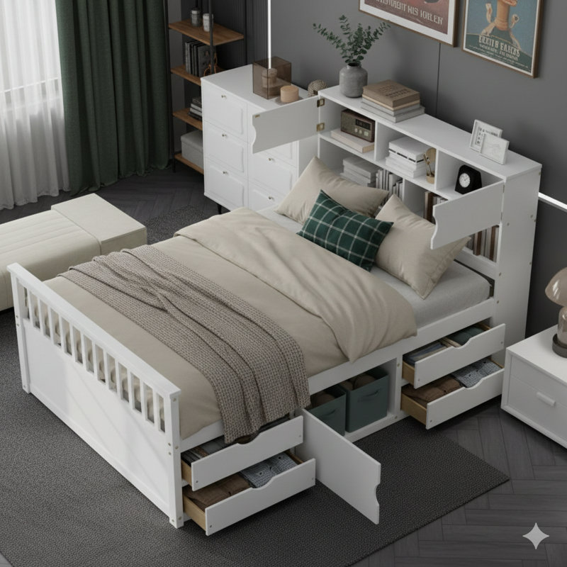 Structure de lit double blanc avec tablettes de rangement et quatre tiroirs