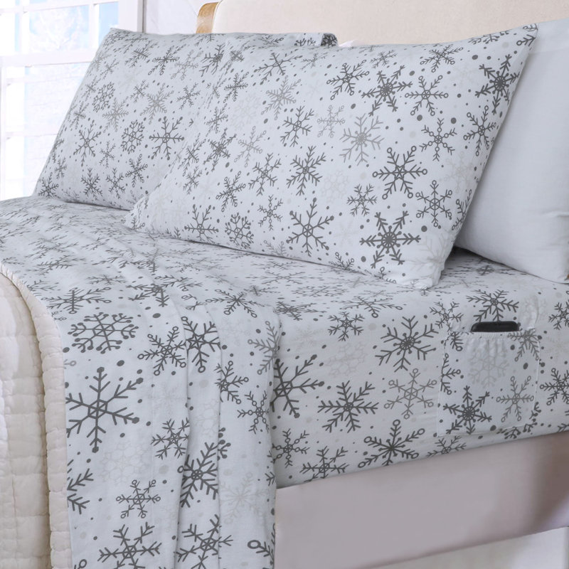 100% Cotton Flannel Sheet Set, Gray Snowflakes, Full/Double Sheet Set+Fitted Sheet+2 Pillowcases