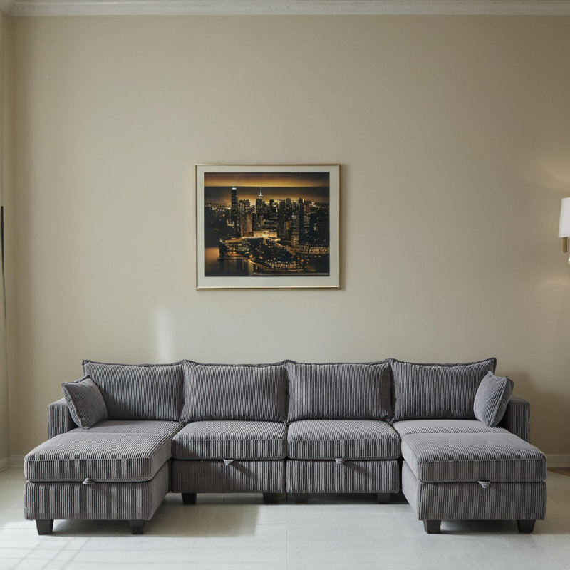 6 - Piece U-Shaped Modular Sectional Sofa Bed Sleeper Couch, Dark Gray Corduroy