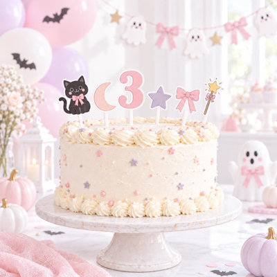 Custom Age Black Cat Magic Cake Topper Set, Halloween Birthday Cardstock Decorations (Age: 1)