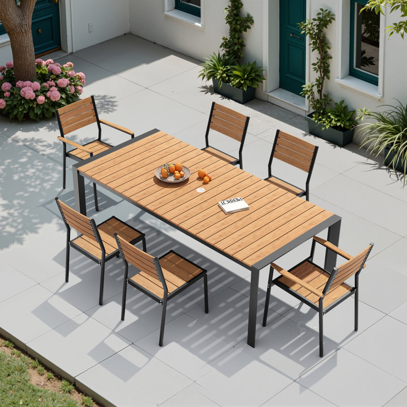 Ensemble de salle à manger rectangulaire en aluminium pour 6 personnes avec trou pour parasol, chaises empilables et sans accoudoirs