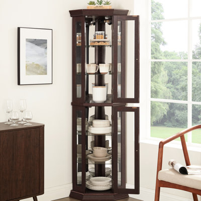 Illuminated 3 - Side Glass Cabinet With Build, 4 Corner Shelves, Clear Visibility, Cherry For Home Decorating Display Built In , Tipping Device, Tool Setup,