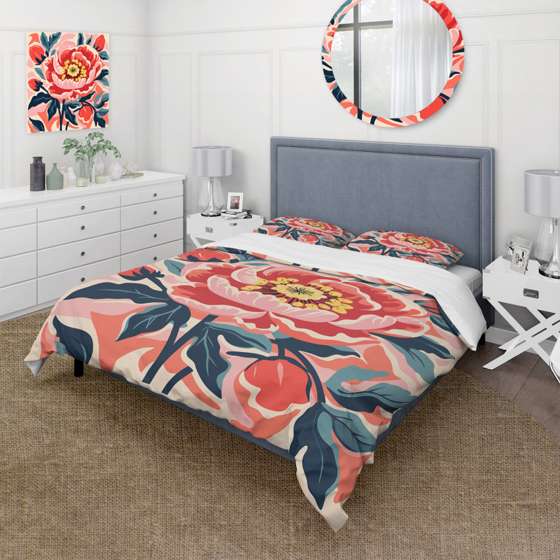 Ensemble de housse de couette pivoine rose et verte de style matisse, Housse de couette pour grand lit et 2 taies décor