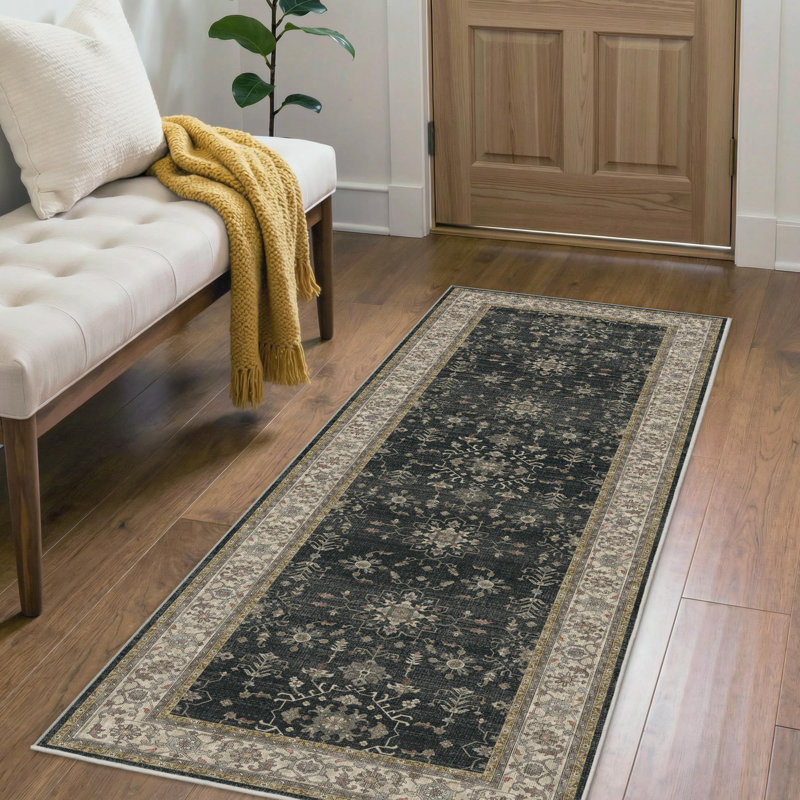 Oriental Geometric Machine Washable Non-Slip Black / Gold Indoor Area Rug, Runner 2' x 6', Black/Beige