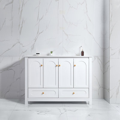 Ensemble de meuble-lavabo avec lavabo en céramique, armoire de rangement avec 4 portes à fermeture douce et 2 tiroirs