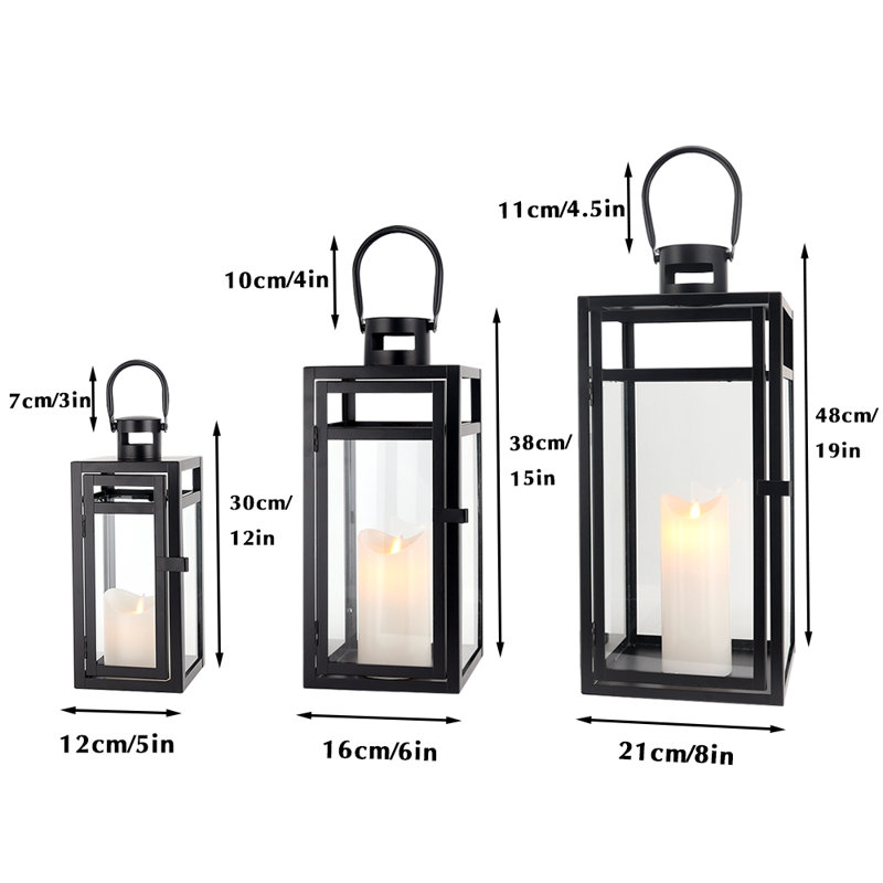 3pcs Black Metal Candle Lantern - Assorted Sizes (48/38/30cm High)