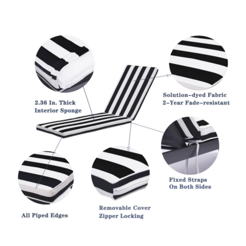2PCS - Remplacement du coussin de chaise longue à rayures noires / blanches pour les meubles de patio, L 73,6 po, 2.56"