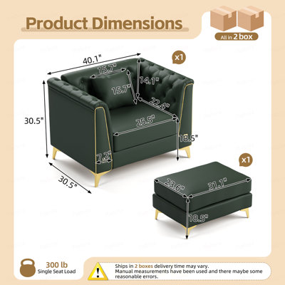 Canapé Chesterfield modulaire 1 place, canapé en similicuir avec capitonnage à boutons fait à la main, accoudoirs garnis de métal et pieds minces en métal, comprend 1 oreiller