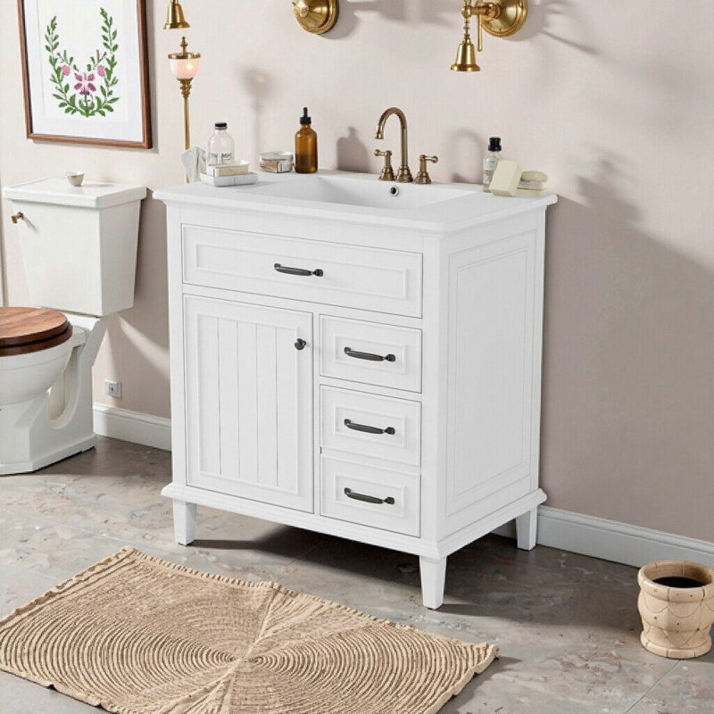 Meuble-lavabo autoportant de 30 po avec lavabo en céramique, structure en bois massif, Blanc