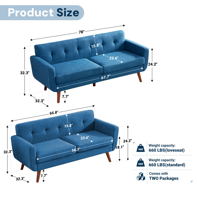  Loveseat And Sofa Set, 2 - Piece Tufted Upholstered Living Room Set, Blue